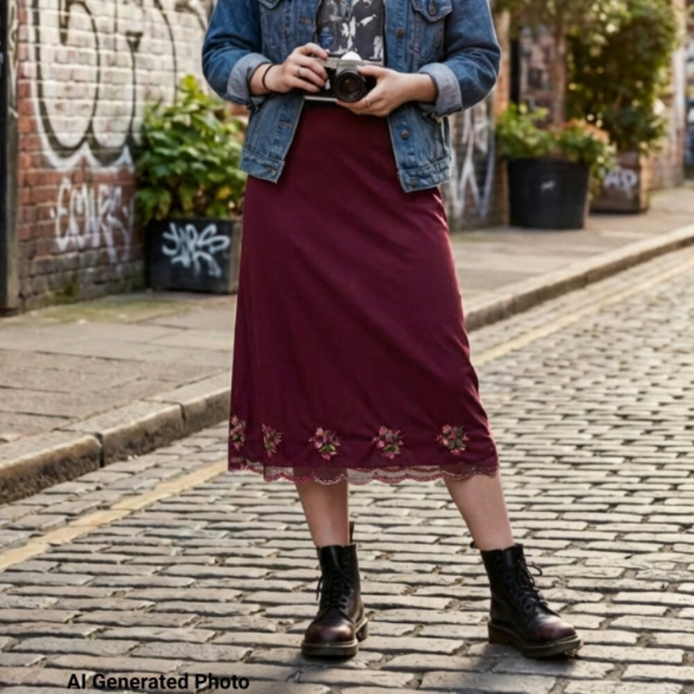 RARE VINTAGE Betsey Johnson New York Mesh Overlay Embroidered Skirt P